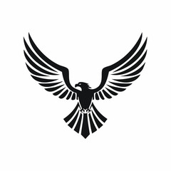 Eagle logo, silhouette predator hawk bird wide wingspan floating in the air, flying animal tattoo emblem mockup
