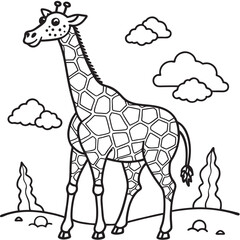 Fototapeta premium Giraffe outline illustration with clouds and trees for coloring book pages