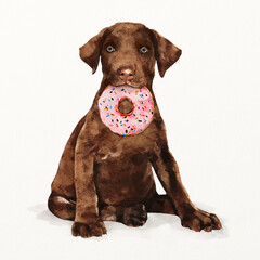 Puppy eating donut watercolor illustration, cute animal design