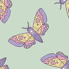 Hawk moth acherontia atropos butterfly doodle seamless pattern. Perfect print for banner, textile, fabric, paper, label, sale. Hand drawn vector illustration.
