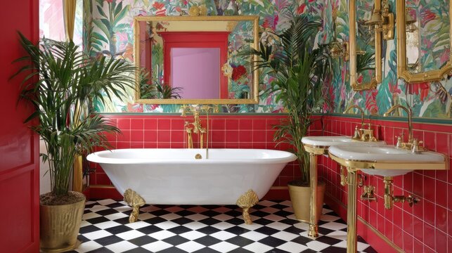 maximalist bathroom full view, checkered floor, vintage tub, red tiles, tropical wallpaper, brass fittings, vibrant mirrors