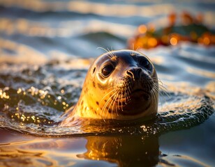Seal surfacing in golden sunlight