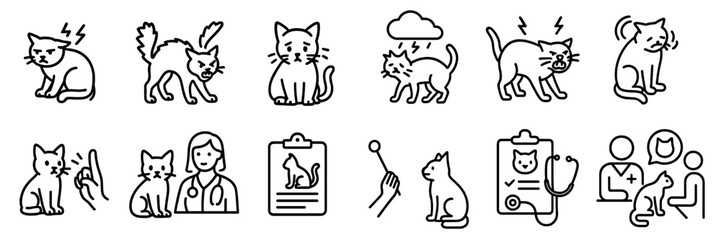 Cat behaviors and veterinary care illustrated in simple line art for easy understanding of feline emotions and health