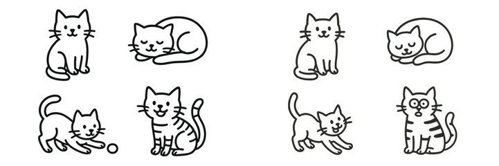 Cute cartoon cats showing various playful and relaxing activities in simple line art style