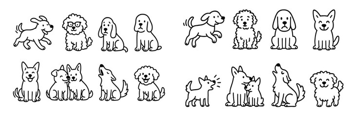 Cute cartoon dogs engaged in various playful activities in a cheerful setting