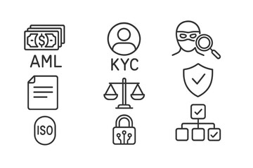 Financial compliance symbols including money, identity verification, and legal balance scales in a minimalist design