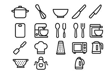 Cooking tools and kitchen utensils arranged in a simple layout for culinary activities at home