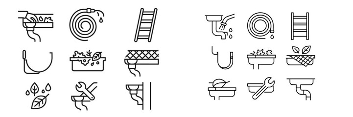 Various icons representing gutter cleaning tools, techniques, and maintenance practices for effective home care