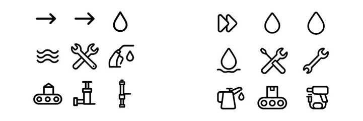 Icons representing water management tools and equipment for maintenance and operation in industrial settings