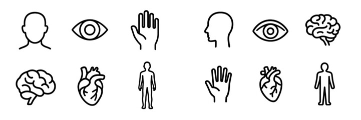 Line art icons depicting human anatomy, senses, and emotions showing various elements like brain, heart, eye, and hand