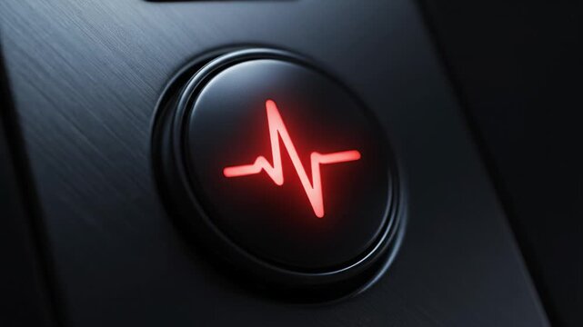 Close up of black button with glowing red heartbeat symbol, symbolizing health monitoring and emergency alert systems. Vibrant red light and sleek design convey modern, urgent, and futuristic feel