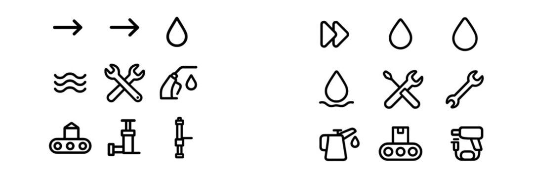 Icons representing water management tools and equipment for maintenance and operation in industrial settings