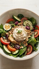 Salad bowl with spinach tomatoes zucchini red onion nuts grains chicken and creamy topping