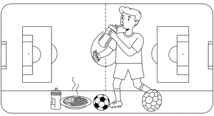 Young male soccer player prioritizing hydration and nutrition on the field, illustrating the balance between athletic performance, proper diet, and staying refreshed during sports activities