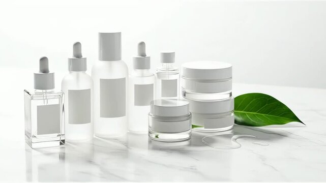 Skincare cosmetic mockup with blank bottles and green leaf