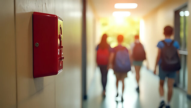 A red fire alarm mounted on school hallway wall, group of students in safety drill - emergency preparedness, education, and student participation in safety procedure concept