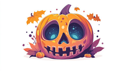 Colorful Halloween pumpkin illustration featuring a spooky skull design surrounded by autumn leaves and small pumpkins, perfect for festive decorations and seasonal themes