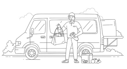 Delivery driver holding grocery bags with a delivery van and boxes in the background