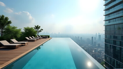 Portrait of infinity pool, rooftop pool, luxury condo, city view with skyline background for holiday, vacation, travel, destination - elegant, modern architecture, sophisticated design concept 