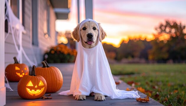 Golden Retriever Puppy in Ghost Costume