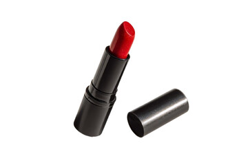 Red lipstick with black tube and cap isolated on transparent background