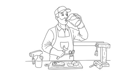 Dedicated worker taking a refreshing hydration break during a day of hands-on tasks, showcasing self-care and focus in a productive environment