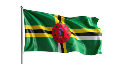 A detailed rendering of the national flag of Dominica, showcasing vibrant colors and flowing fabric against a black background.