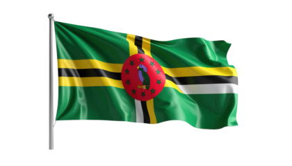 A detailed rendering of the national flag of Dominica, showcasing vibrant colors and flowing fabric against a black background.