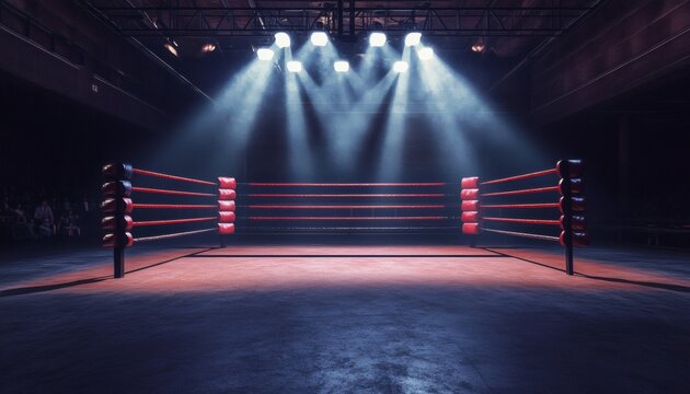A boxing ring is shown in an empty arena with bright stage lights illuminating the ring and the floor.