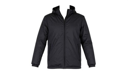 Black hooded jacket on white background