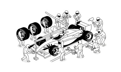 Obraz premium Isometric black and white line art illustration of a pit crew servicing a modern race car.