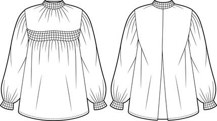 Smocked yoke blouse illustration, technical fashion sketch, gathered sleeve design, high collar detail, front and back view, garment construction reference