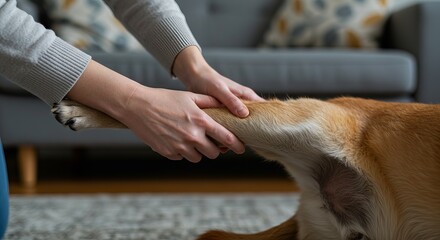 Loving owner gently holds dog's paw offering comfort and care at home on the sofa