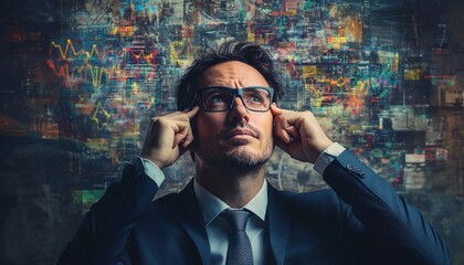 A man in a suit and glasses looks upward, deep in thought, against a background of overlapping financial charts and data streams.