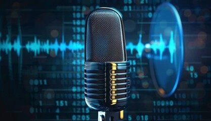 old-fashioned broadcasting microphone used in voice over recordings or radio station shows on digital background