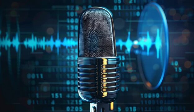old-fashioned broadcasting microphone used in voice over recordings or radio station shows on digital background
