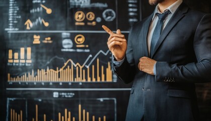 A businessman in a dark suit stands in front of a screen displaying various financial charts and graphs, pointing to a section of the data.