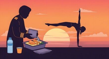 Balancing Personal Choices A Silhouetted Scene of Yoga and Takeout Meal Preparation Against a Vivid Sunset, Depicting Diverse Evening Routines and Modern Lifestyles