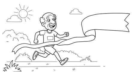 Senior Man Winning Race Cartoon Black and White Outline Illustration