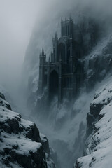 Fototapeta premium Gothic fortress shrouded in mist. Stone structure embedded in snowy mountains evokes mystery and ancient history.