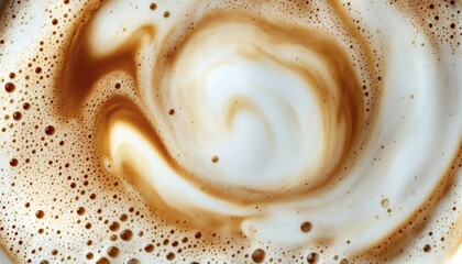 The image shows a detailed close-up of a coffee drink's frothy surface, featuring a blend of white foam and brown coffee swirls.