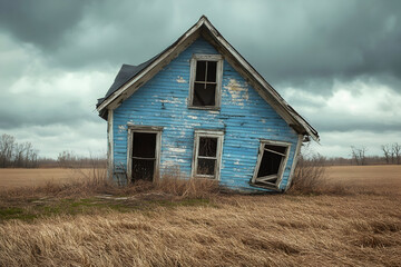 Old leaning blue house in desolate rural field under cloudy sky
