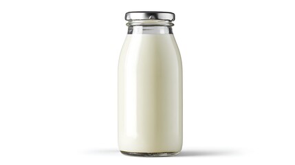 Clear glass bottle filled with fresh white milk on a white background