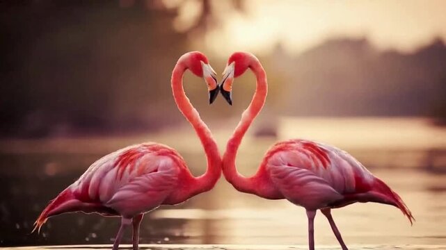 Two Flamingos Forming a Heart Shape at Sunset A Romantic Scene