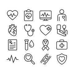 Heart cardiology medical care icons vector set. Outline symbols. Line design