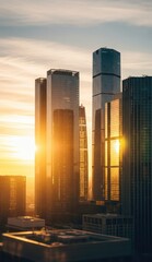 Skyscrapers glisten at sunrise their glass reflecting the warm hues showcasing urban architecture