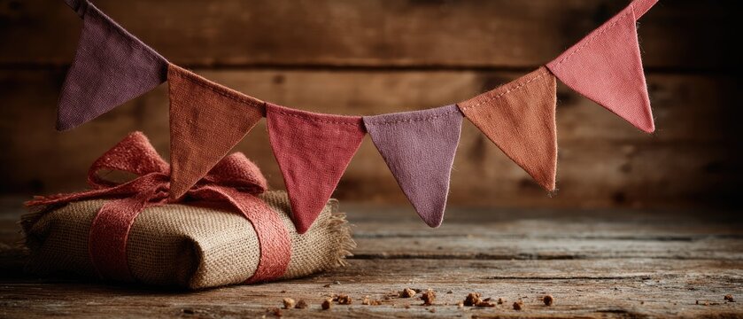 Rustic Gift with Burlap and Red Ribbon under Vintage Festive Bunting on Wooden Background