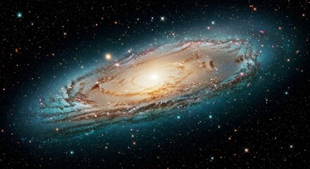 Fototapeta premium Bright, high-resolution image of a giant spiral galaxy seen almost edge-on. The luminous yellow-white core shines through blue spiral arms with countless tiny stars and pinkish nebulae scattered along