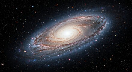 Obraz premium A breathtaking deep space photo of a large spiral galaxy with a bright glowing core, golden inner arms, and a shimmering blue outer halo filled with star-forming regions. Perfect for astronomy themes,