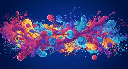 Obraz premium Energetic splash of multicolored paint and liquid shapes on a deep blue background, creating a feeling of motion and creativity. Great for creative advertising, art events, and modern design projects.